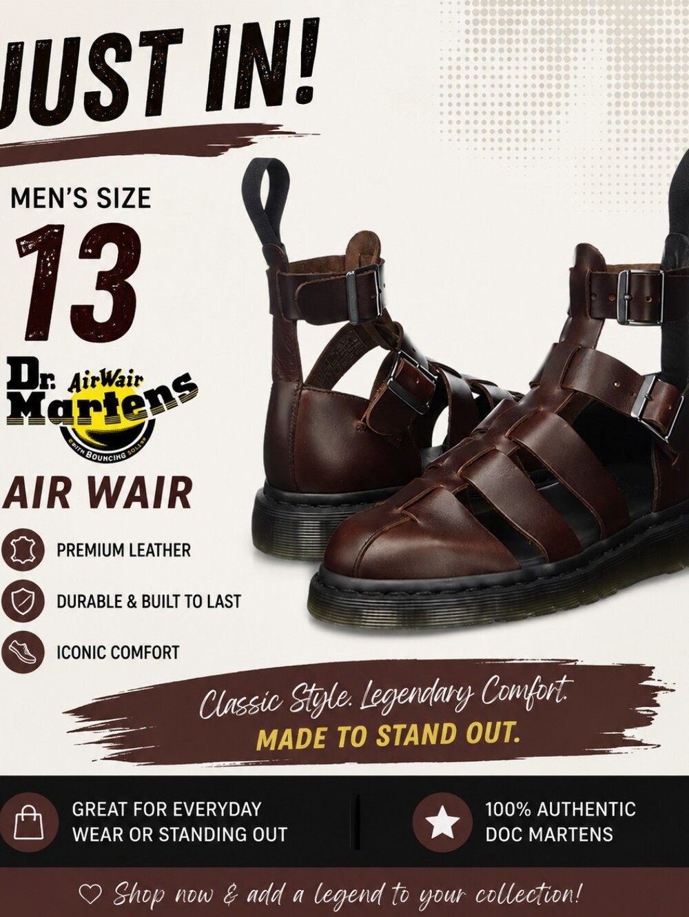 Dr. Martens Geraldo Leather Fisherman Sandals Brown Mens Size 13 Air Wair Punk